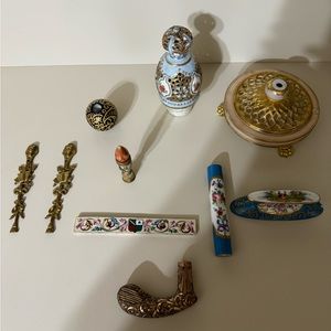 Collection of pieces of antique hand painted porcelain and brass